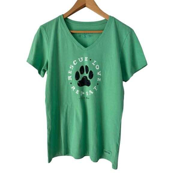 NWT Life is Good Crusher T-Shirt Green Rescue Love Repeat Paw Graphic Sz Small - Picture 1 of 6